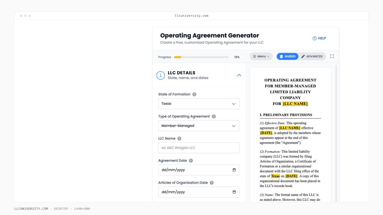 LLC Operating Agreement Generator screenshot