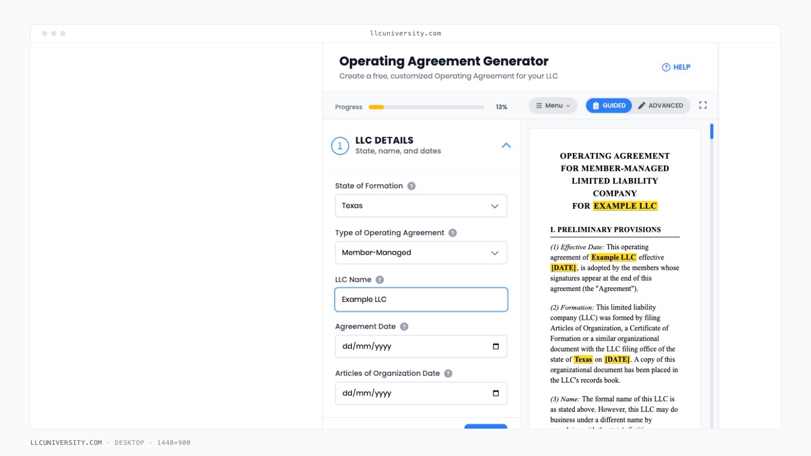 LLC Operating Agreement Generator screenshot