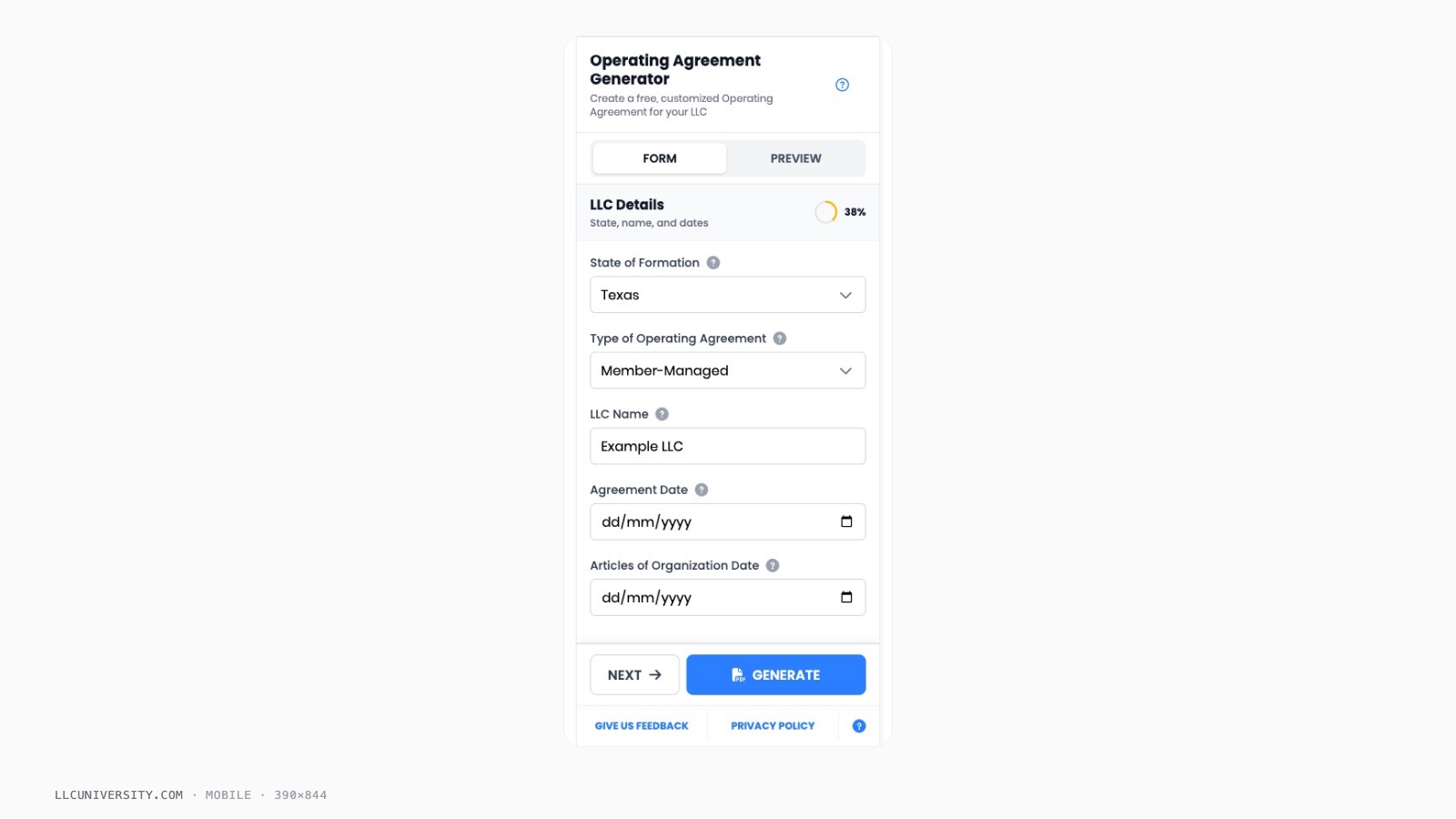 LLC Operating Agreement Generator screenshot